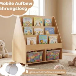 Kinderregal aus Holz Kinder Bücherregal mit Rollen & Kreidetafel Spielzeugregal mit 3 Regale & 2 Fächern