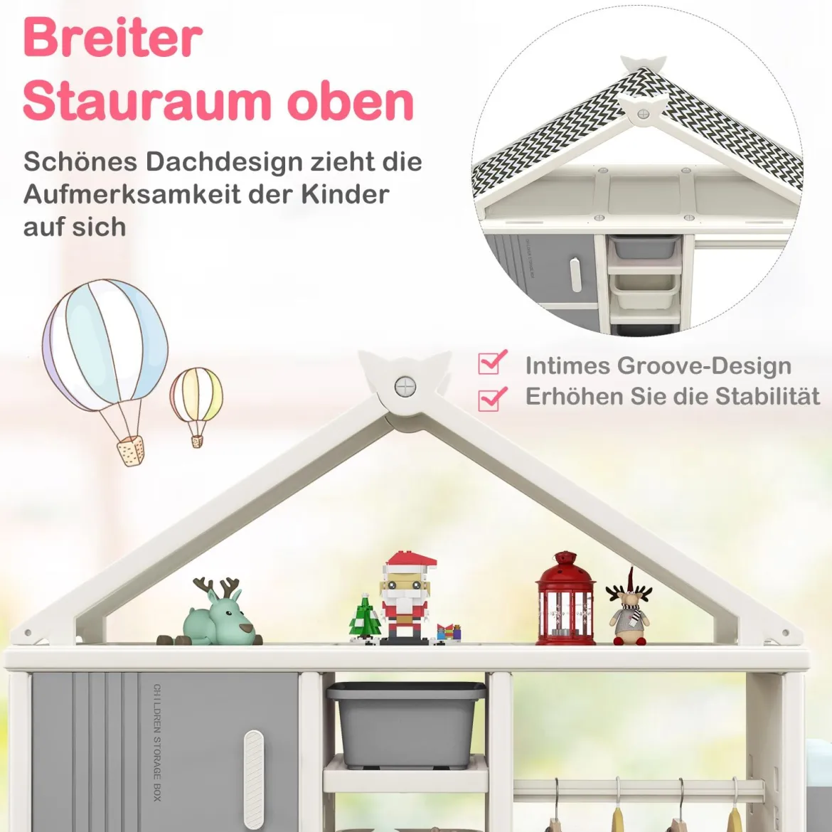 Kinderregal in Hausform mit Kleiderstange Kinder Bücherregal Spielzeugregal mit Regalen Grau
