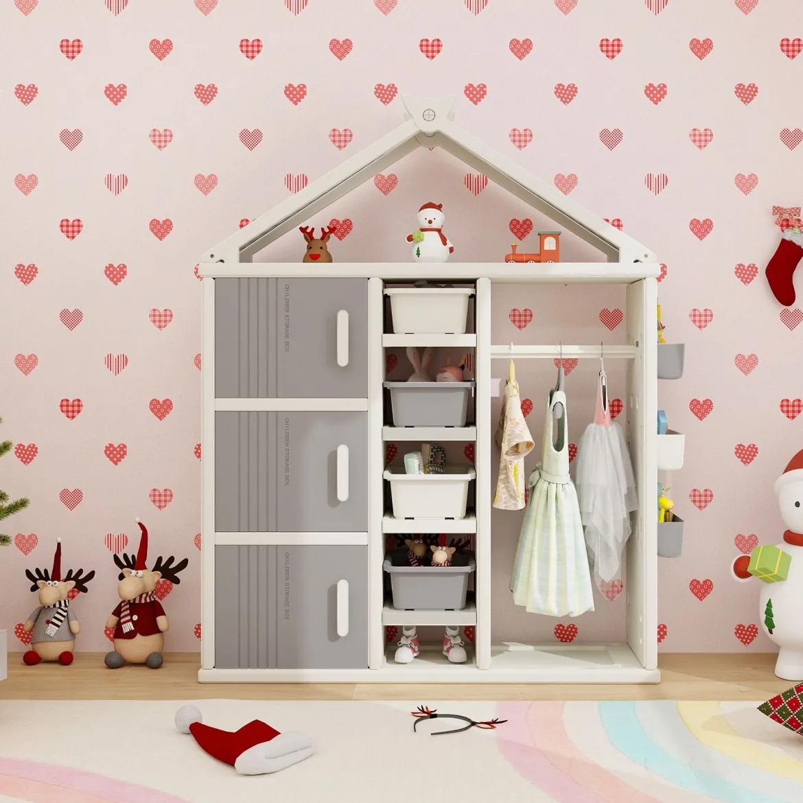 Kinderregal in Hausform mit Kleiderstange Kinder Bücherregal Spielzeugregal mit Regalen Grau