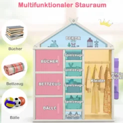 Kinderregal in Hausform mit Kleiderstange Kinder Bücherregal Spielzeugregal mit Regalen Grau