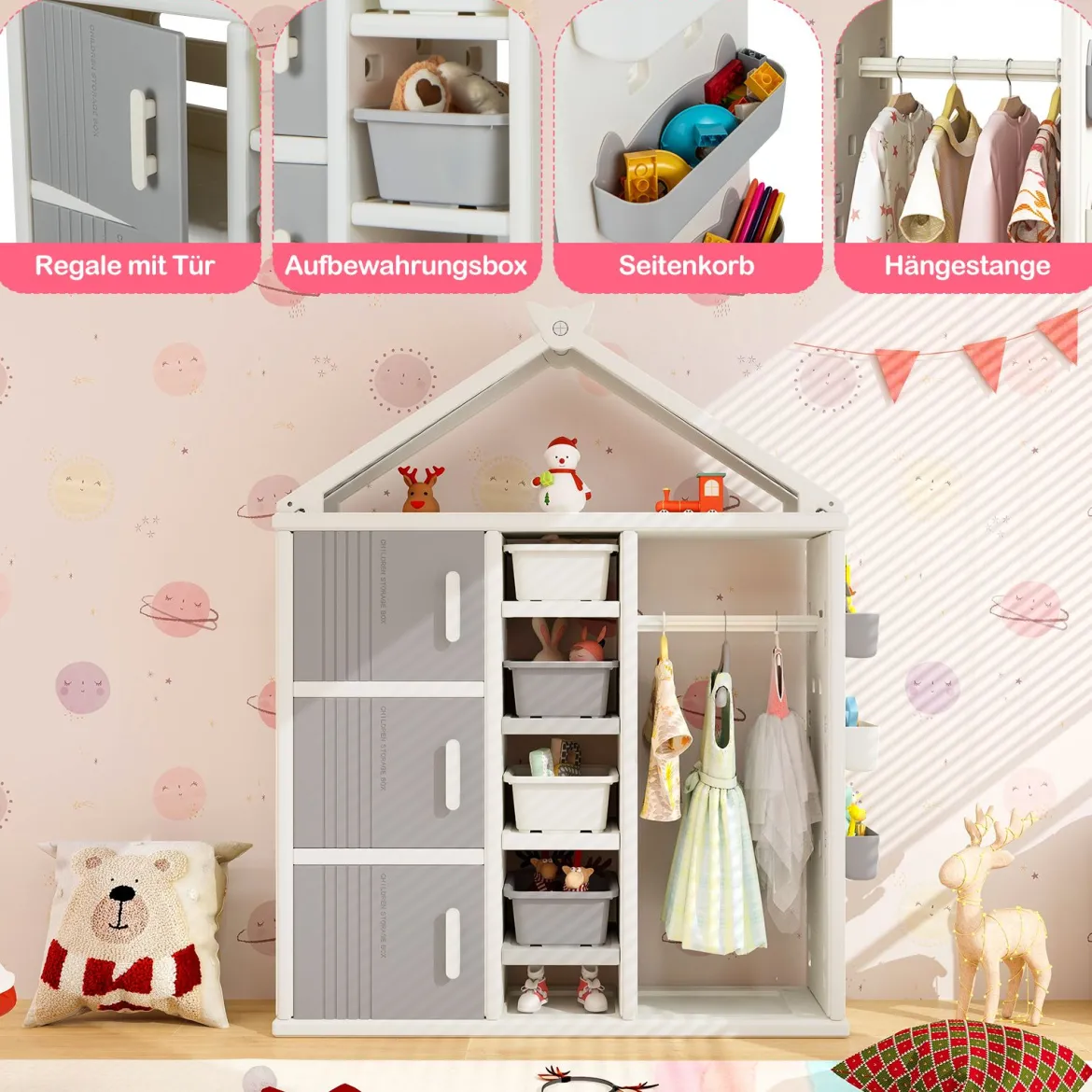 Kinderregal in Hausform mit Kleiderstange Kinder Bücherregal Spielzeugregal mit Regalen Grau