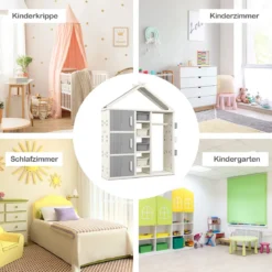 Kinderregal in Hausform mit Kleiderstange Kinder Bücherregal Spielzeugregal mit Regalen Grau