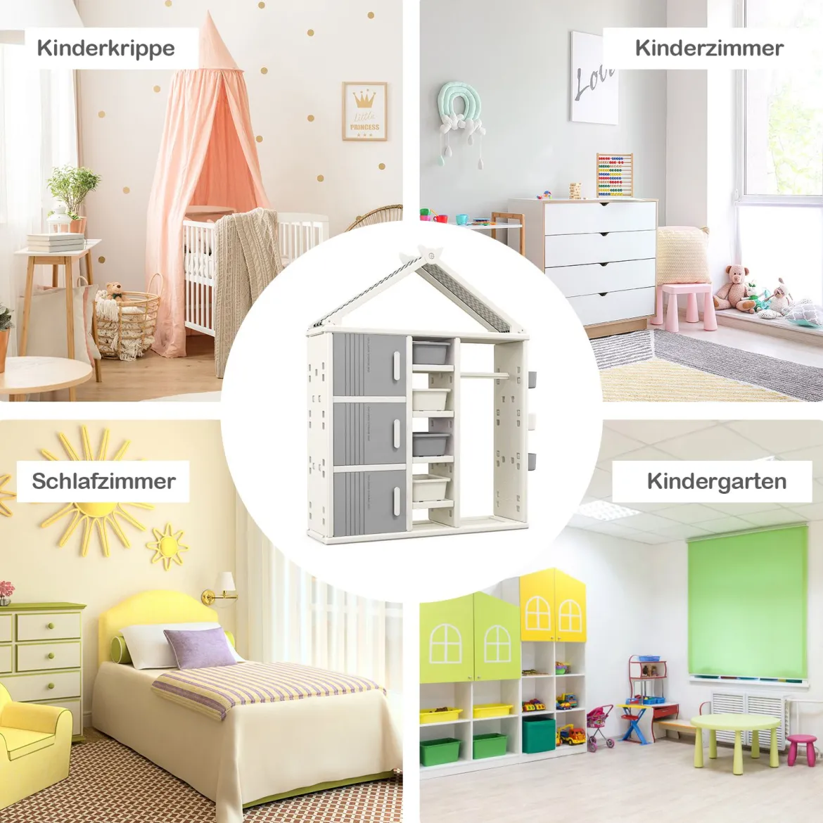 Kinderregal in Hausform mit Kleiderstange Kinder Bücherregal Spielzeugregal mit Regalen Grau