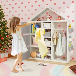 Kinderregal in Hausform mit Kleiderstange Kinder Bücherregal Spielzeugregal mit Regalen Grau