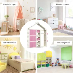 Kinderregal in Hausform mit Kleiderstange Kinder Bücherregal Spielzeugregal mit Regalen Rosa