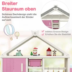 Kinderregal in Hausform mit Kleiderstange Kinder Bücherregal Spielzeugregal mit Regalen Rosa