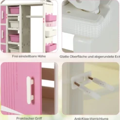 Kinderregal in Hausform mit Kleiderstange Kinder Bücherregal Spielzeugregal mit Regalen Rosa