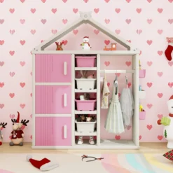 Kinderregal in Hausform mit Kleiderstange Kinder Bücherregal Spielzeugregal mit Regalen Rosa