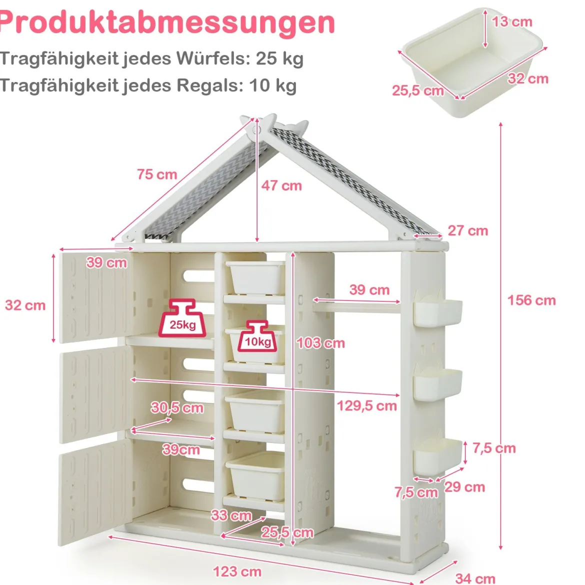 Kinderregal in Hausform mit Kleiderstange Kinder Bücherregal Spielzeugregal mit Regalen Weiß