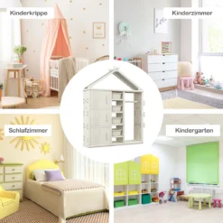 Kinderregal in Hausform mit Kleiderstange Kinder Bücherregal Spielzeugregal mit Regalen Weiß