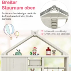 Kinderregal in Hausform mit Kleiderstange Kinder Bücherregal Spielzeugregal mit Regalen Weiß