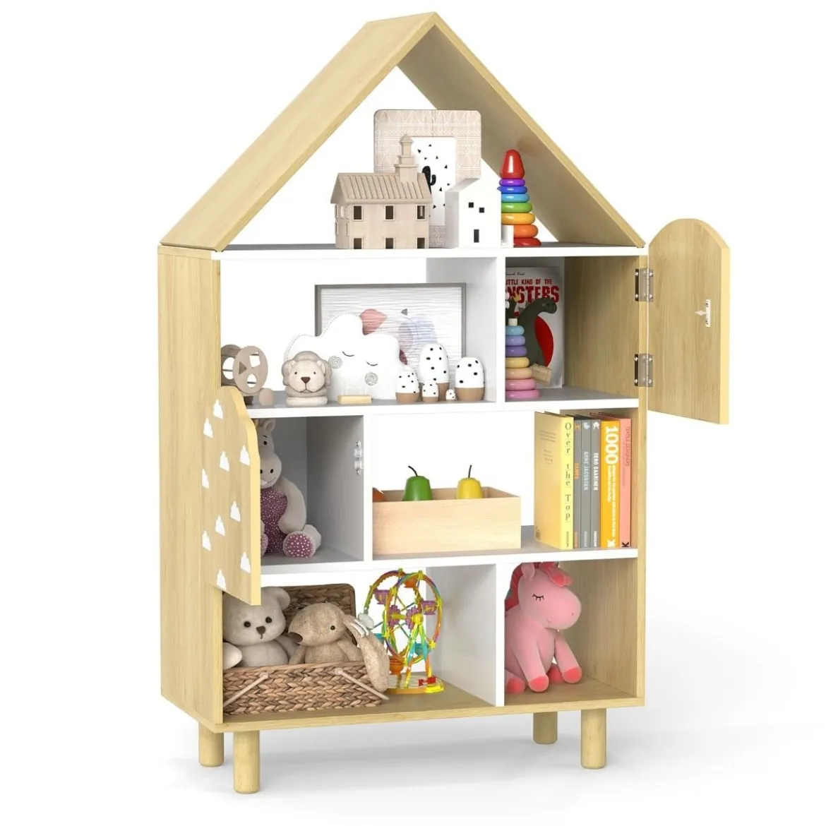Kinderregal in Hausform mit 2 Türen & Massiven Holzbeine Kinder Bücherregal 4 Ebenen Natur