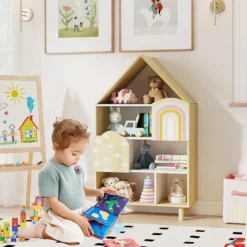 Kinderregal in Hausform mit 2 Türen & Massiven Holzbeine Kinder Bücherregal 4 Ebenen Natur