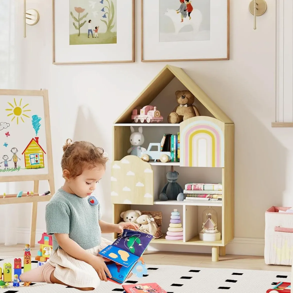 Kinderregal in Hausform mit 2 Türen & Massiven Holzbeine Kinder Bücherregal 4 Ebenen Natur