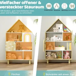 Kinderregal in Hausform mit 2 Türen & Massiven Holzbeine Kinder Bücherregal 4 Ebenen Natur