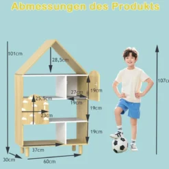 Kinderregal in Hausform mit 2 Türen & Massiven Holzbeine Kinder Bücherregal 4 Ebenen Natur