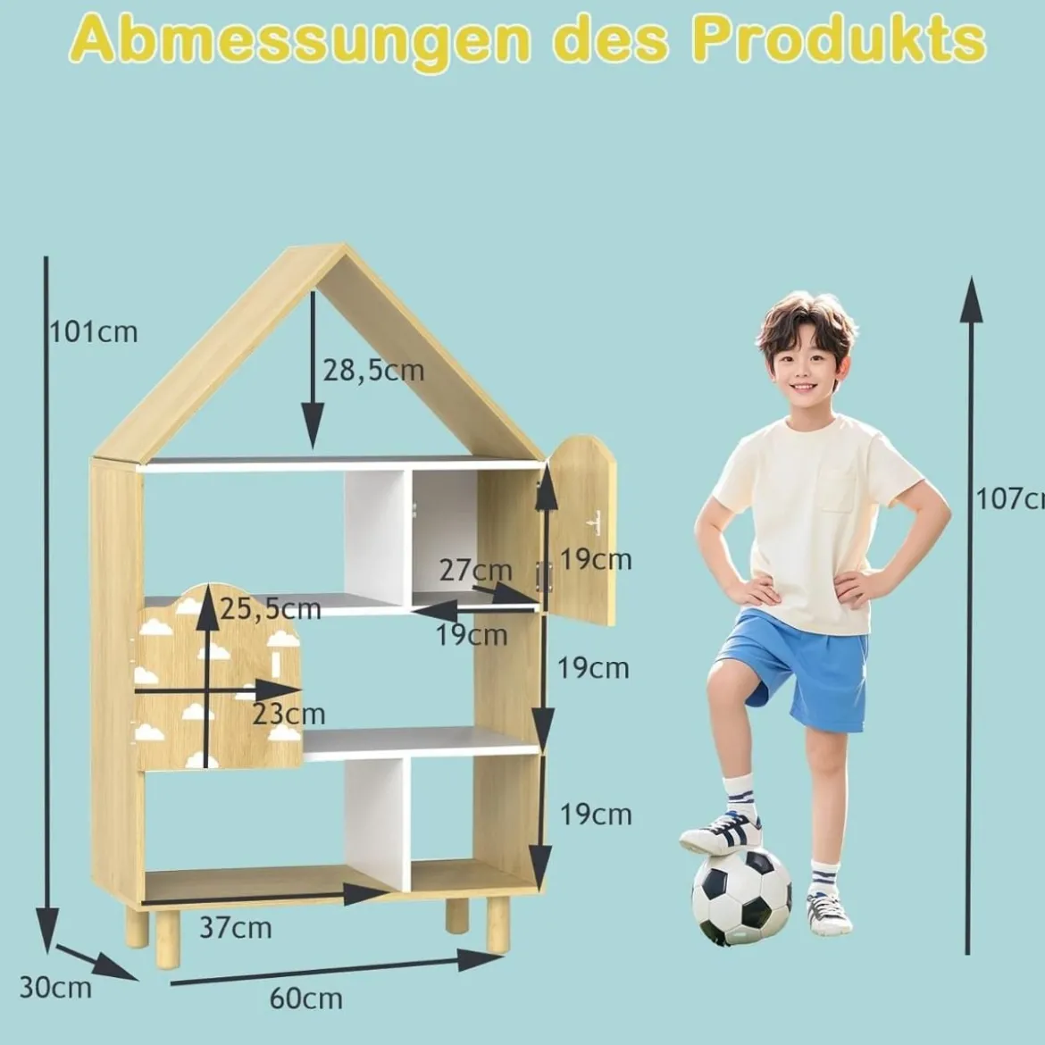 Kinderregal in Hausform mit 2 Türen & Massiven Holzbeine Kinder Bücherregal 4 Ebenen Natur
