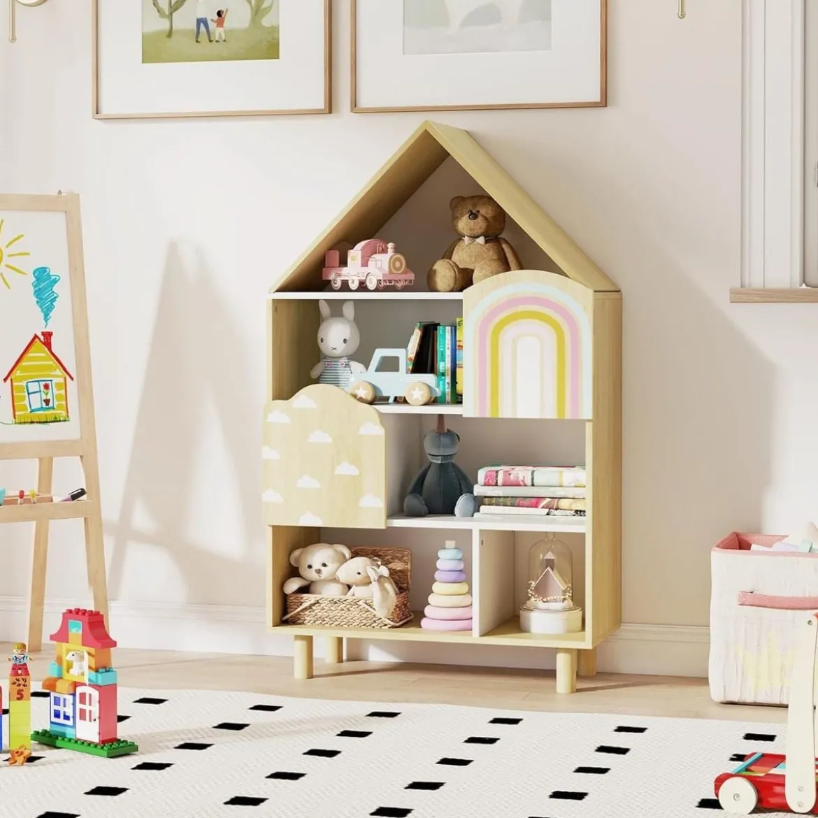 Kinderregal in Hausform mit 2 Türen & Massiven Holzbeine Kinder Bücherregal 4 Ebenen Natur