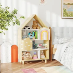 Kinderregal in Hausform mit 2 Türen & Massiven Holzbeine Kinder Bücherregal 4 Ebenen Natur