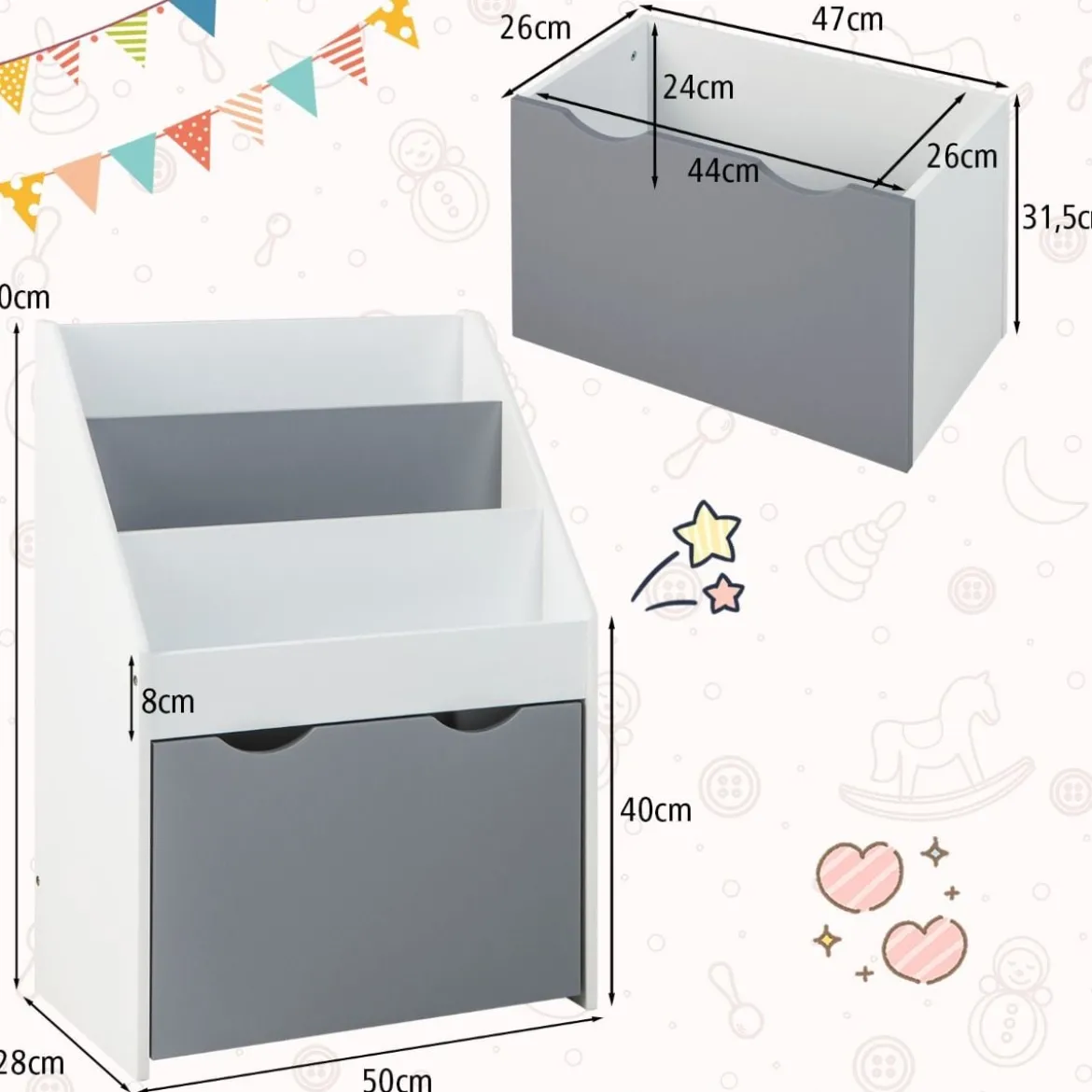 Kinderregal mit 3 Ablagen & Rollender Spielzeugkiste Kinder Bücherregal Grau + Weiß