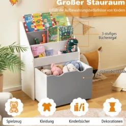Kinderregal mit 3 Ablagen & Rollender Spielzeugkiste Kinder Bücherregal Grau + Weiß