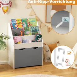 Kinderregal mit 3 Ablagen & Rollender Spielzeugkiste Kinder Bücherregal Grau + Weiß