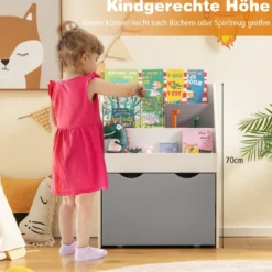 Kinderregal mit 3 Ablagen & Rollender Spielzeugkiste Kinder Bücherregal Grau + Weiß
