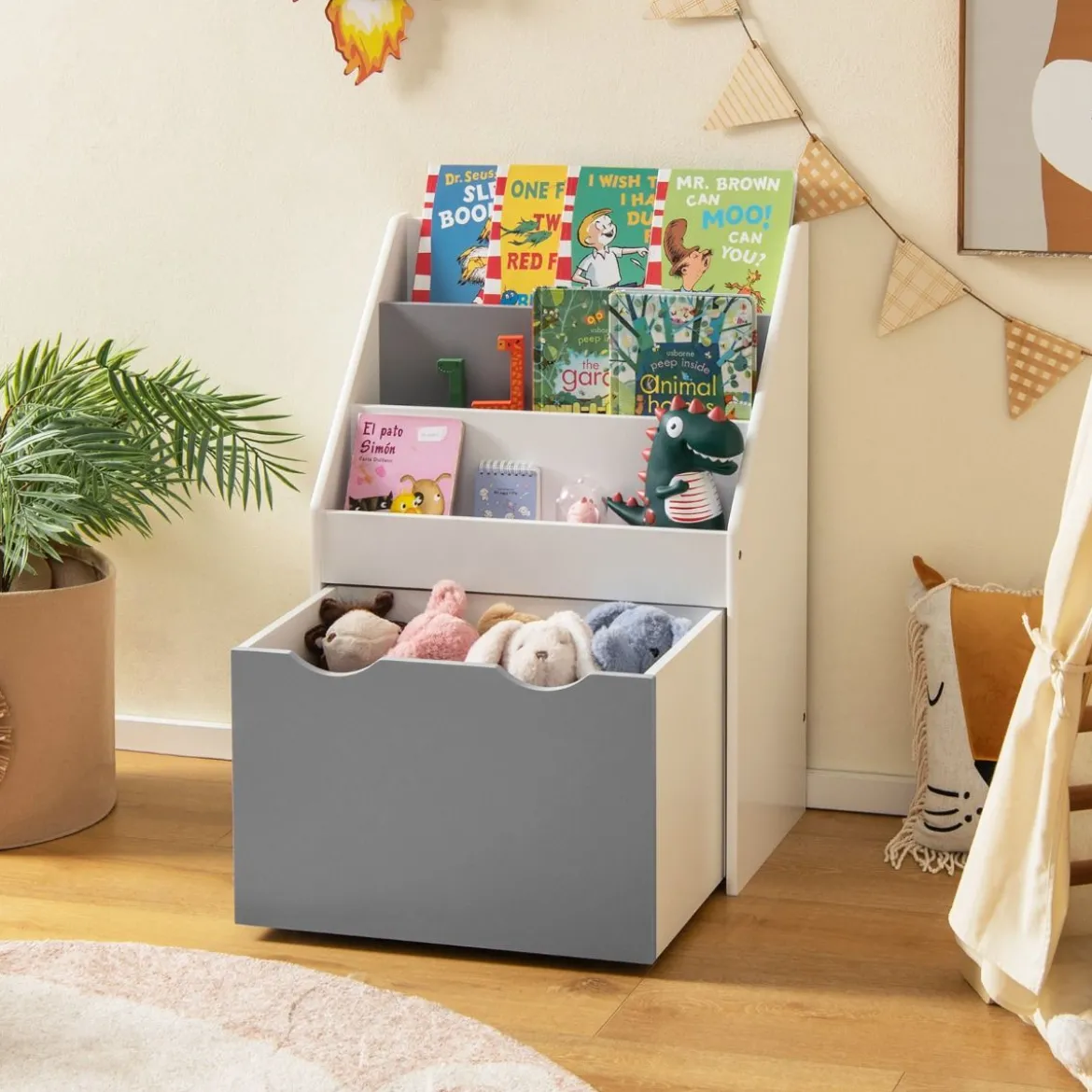 Kinderregal mit 3 Ablagen & Rollender Spielzeugkiste Kinder Bücherregal Grau + Weiß