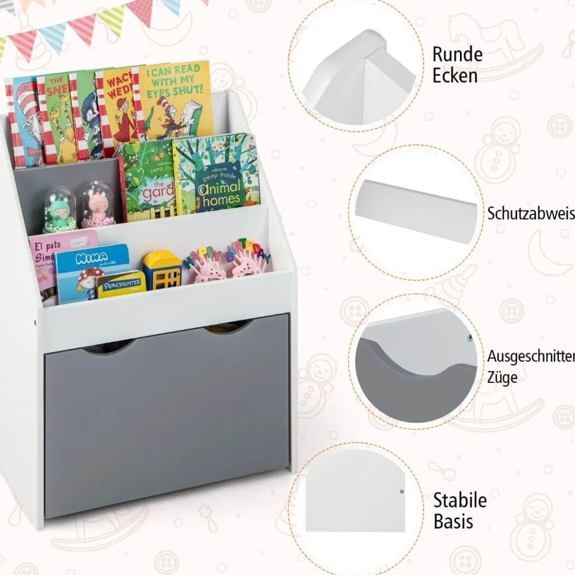 Kinderregal mit 3 Ablagen & Rollender Spielzeugkiste Kinder Bücherregal Grau + Weiß