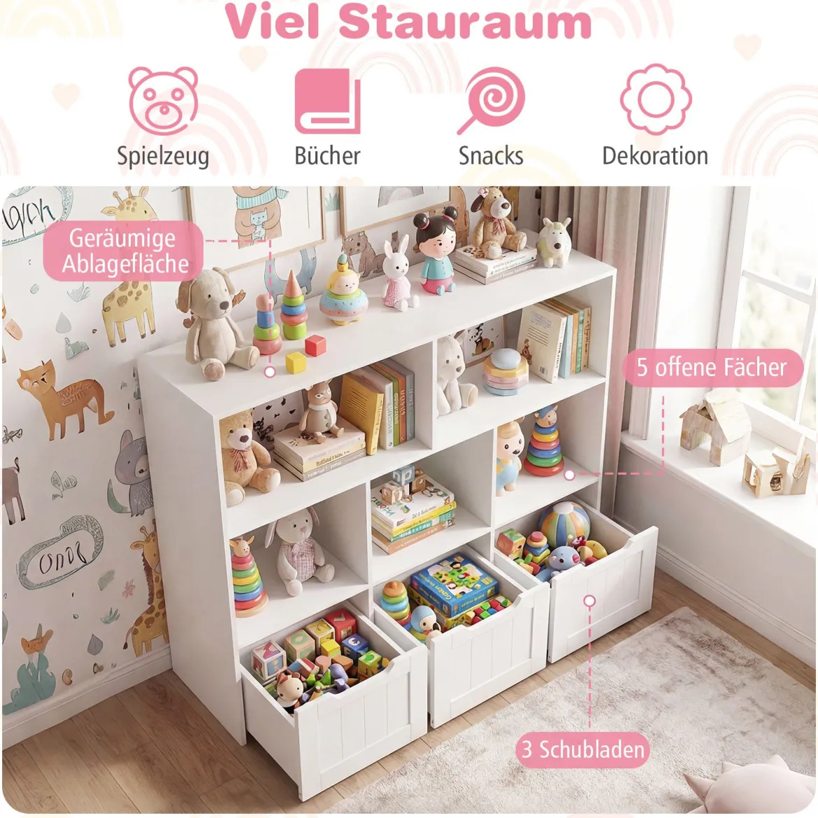 Kinderregal mit Boxen & 5 Fächern & 3 Schubladen Bücherregal auf Rollen Kinderschrank Weiß