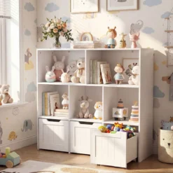 Kinderregal mit Boxen & 5 Fächern & 3 Schubladen Bücherregal auf Rollen Kinderschrank Weiß