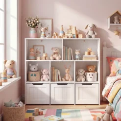 Kinderregal mit Boxen & 5 Fächern & 3 Schubladen Bücherregal auf Rollen Kinderschrank Weiß