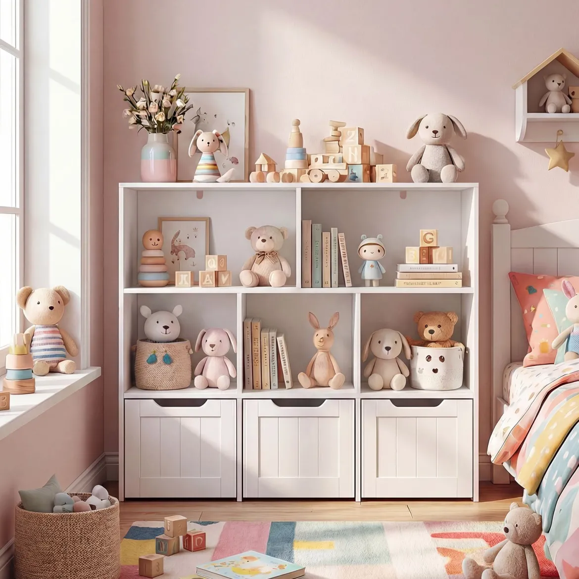 Kinderregal mit Boxen & 5 Fächern & 3 Schubladen Bücherregal auf Rollen Kinderschrank Weiß