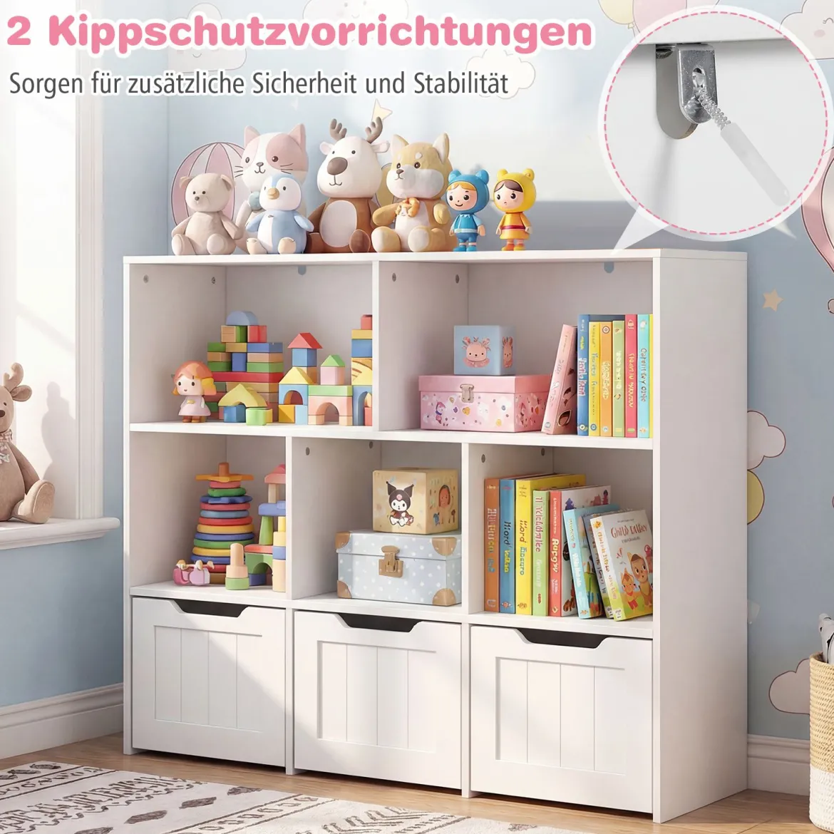 Kinderregal mit Boxen & 5 Fächern & 3 Schubladen Bücherregal auf Rollen Kinderschrank Weiß