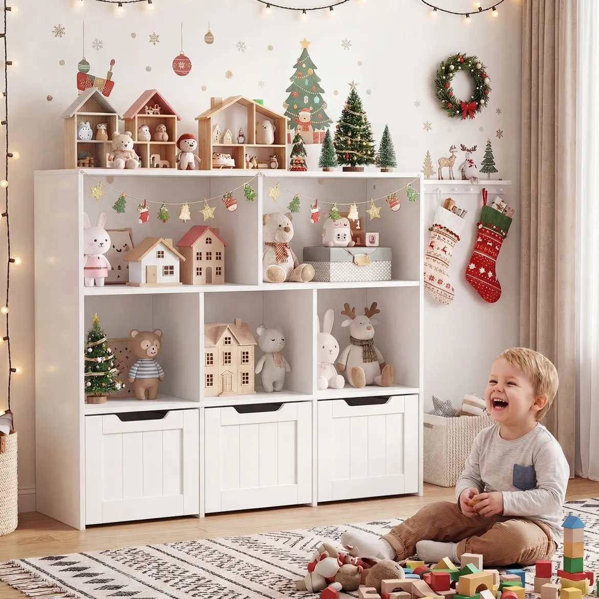 Kinderregal mit Boxen & 5 Fächern & 3 Schubladen Bücherregal auf Rollen Kinderschrank Weiß