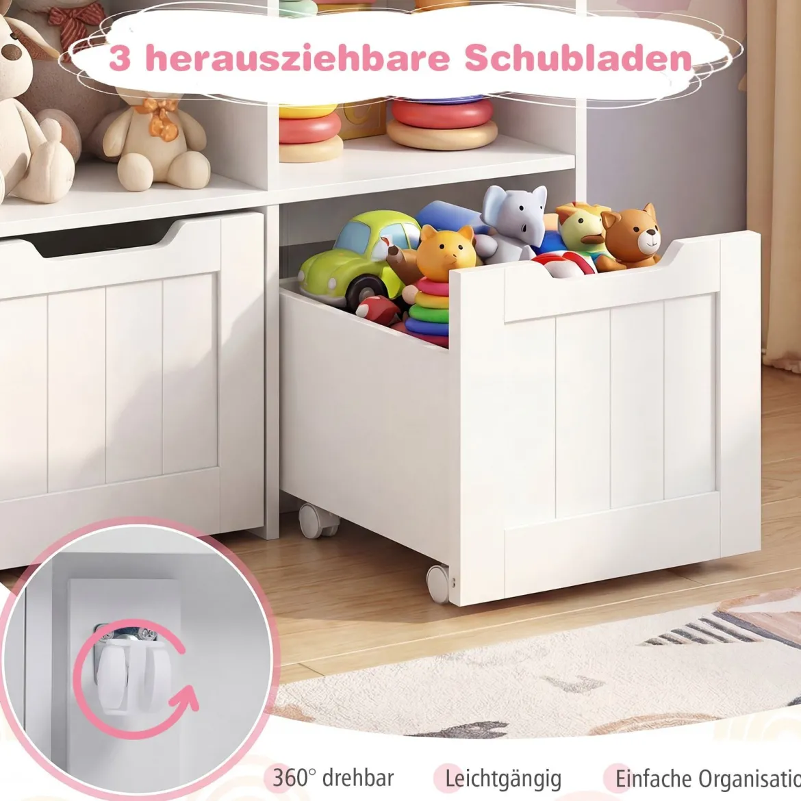 Kinderregal mit Boxen & 5 Fächern & 3 Schubladen Bücherregal auf Rollen Kinderschrank Weiß