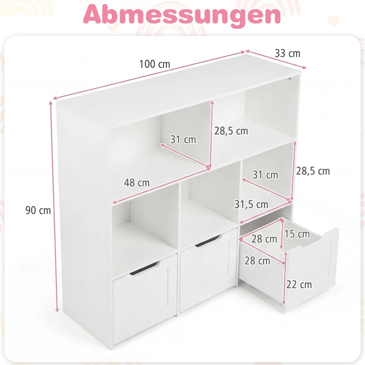 Kinderregal mit Boxen & 5 Fächern & 3 Schubladen Bücherregal auf Rollen Kinderschrank Weiß