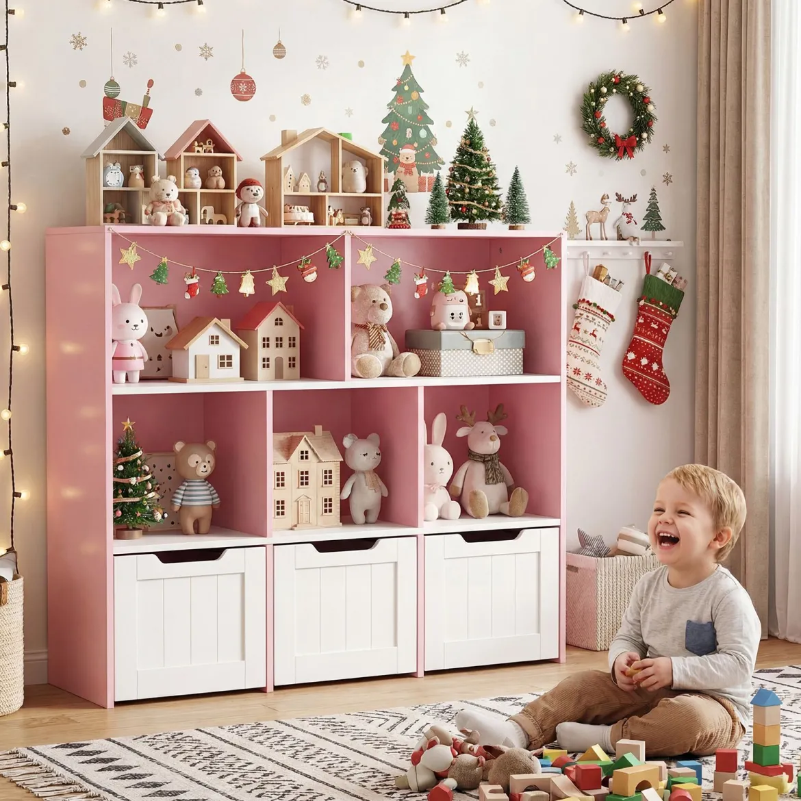 Kinderregal mit Boxen & 5 Fächern & 3 Schubladen Bücherregal auf Rollen Kinderschrank Rosa