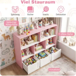 Kinderregal mit Boxen & 5 Fächern & 3 Schubladen Bücherregal auf Rollen Kinderschrank Rosa