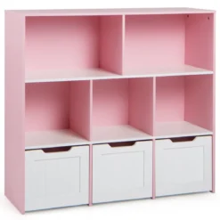 Kinderregal mit Boxen & 5 Fächern & 3 Schubladen Bücherregal auf Rollen Kinderschrank Rosa