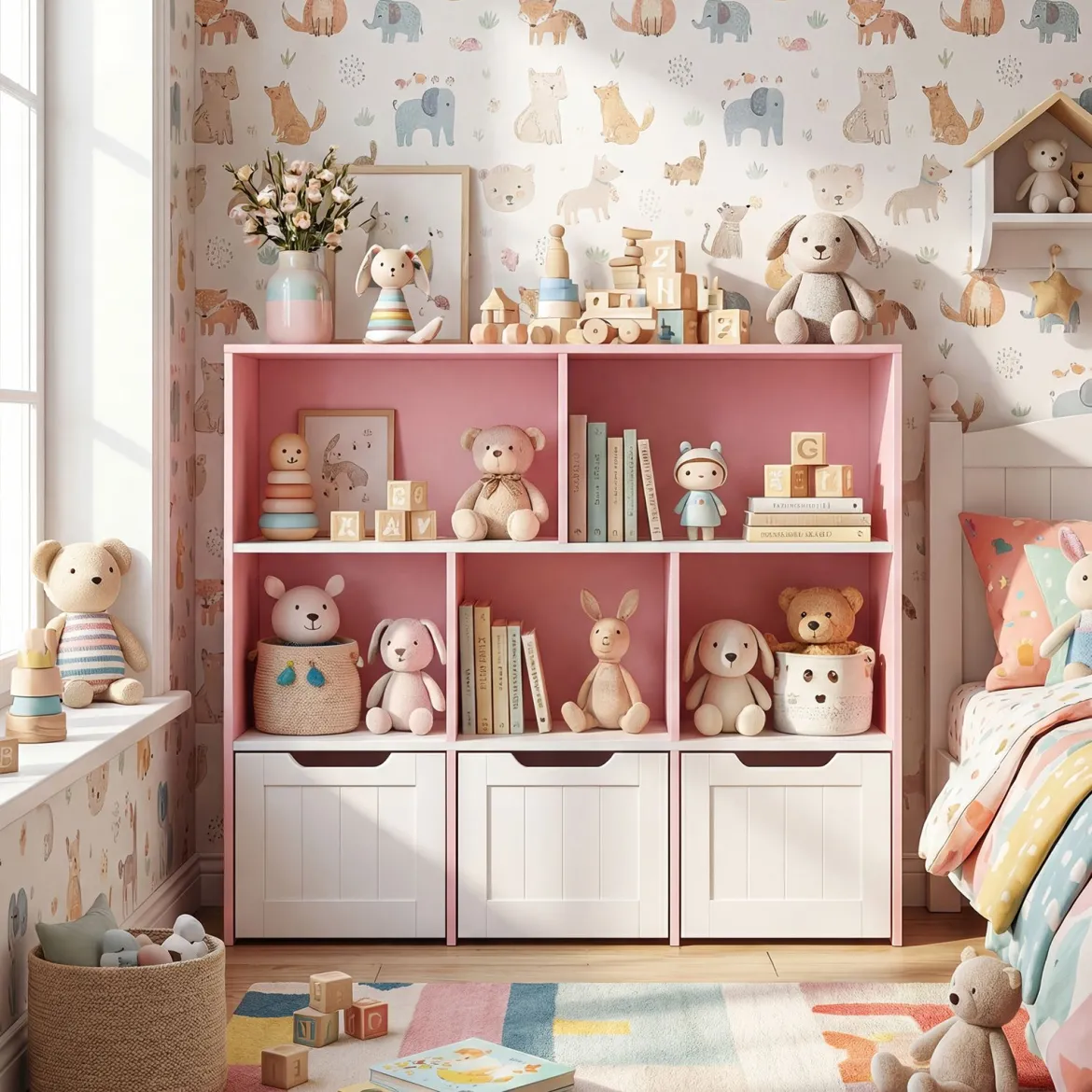 Kinderregal mit Boxen & 5 Fächern & 3 Schubladen Bücherregal auf Rollen Kinderschrank Rosa