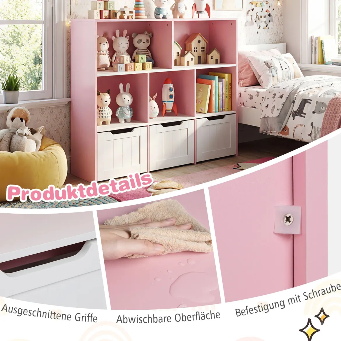 Kinderregal mit Boxen & 5 Fächern & 3 Schubladen Bücherregal auf Rollen Kinderschrank Rosa
