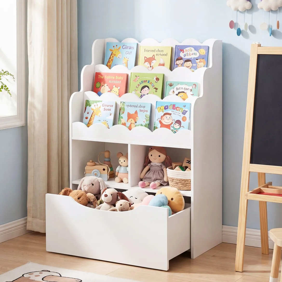 Kinderregal mit 5 Ebenen Bücherregal mit Schubladen auf Rollen 60 x 30 x 91 cm Weiß