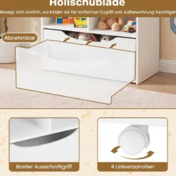 Kinderregal mit 5 Ebenen Bücherregal mit Schubladen auf Rollen 60 x 30 x 91 cm Weiß