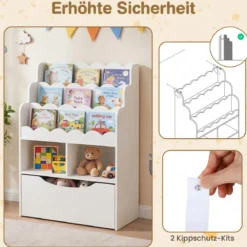 Kinderregal mit 5 Ebenen Bücherregal mit Schubladen auf Rollen 60 x 30 x 91 cm Weiß