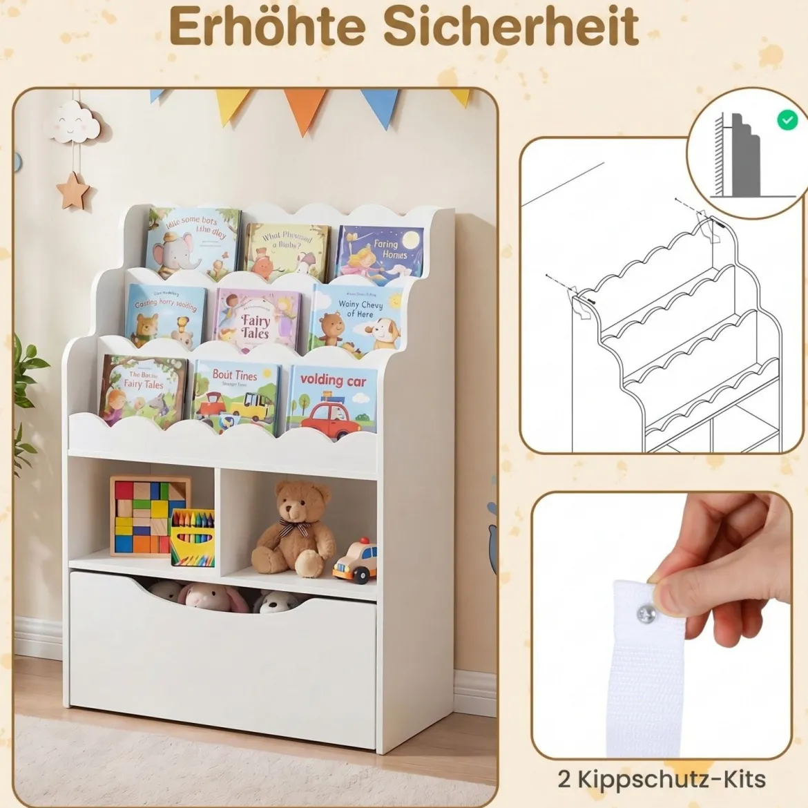 Kinderregal mit 5 Ebenen Bücherregal mit Schubladen auf Rollen 60 x 30 x 91 cm Weiß