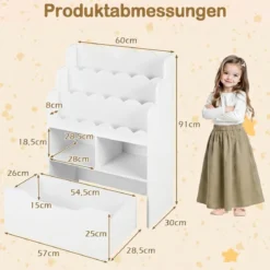 Kinderregal mit 5 Ebenen Bücherregal mit Schubladen auf Rollen 60 x 30 x 91 cm Weiß