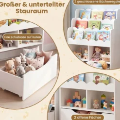 Kinderregal mit 5 Ebenen Bücherregal mit Schubladen auf Rollen 60 x 30 x 91 cm Weiß