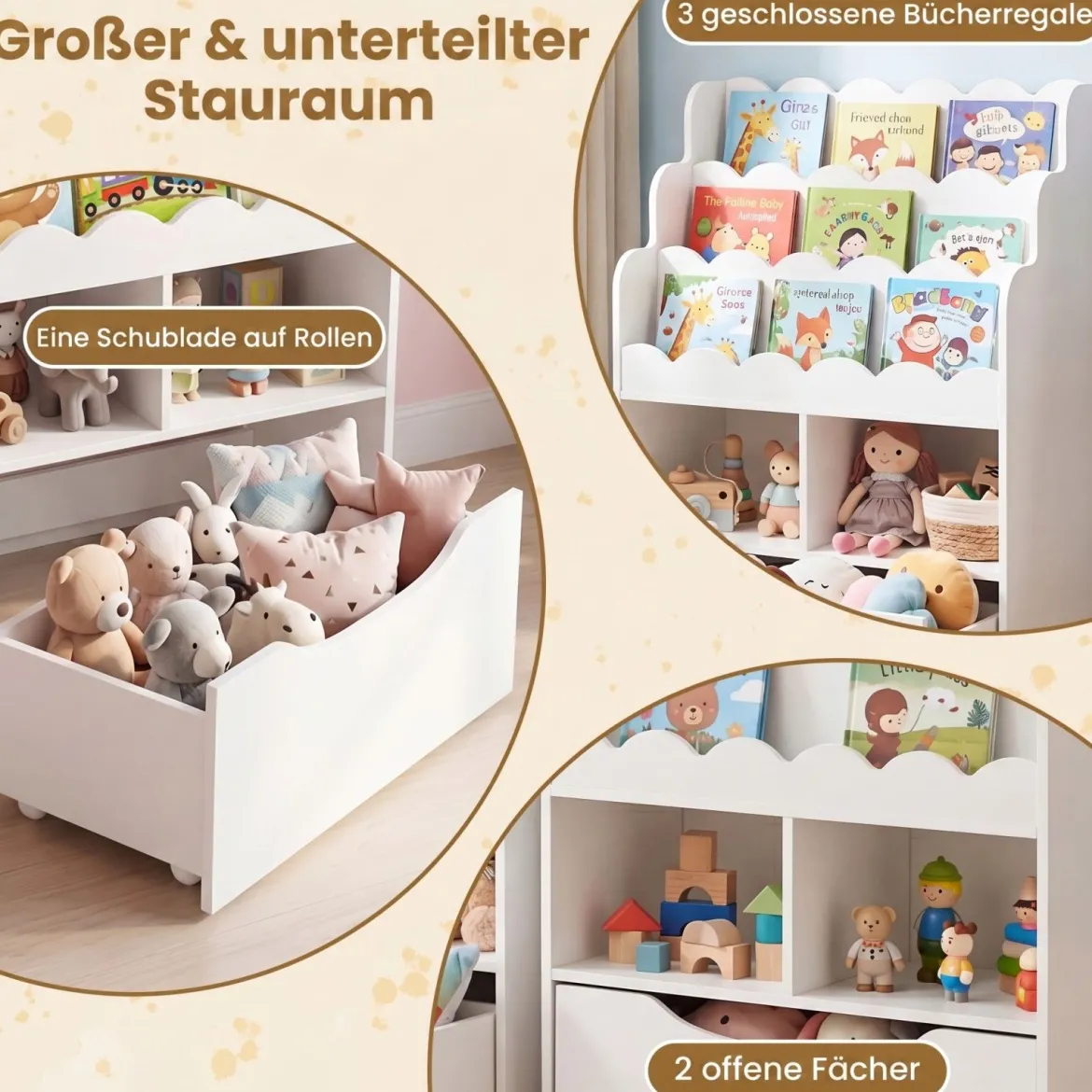 Kinderregal mit 5 Ebenen Bücherregal mit Schubladen auf Rollen 60 x 30 x 91 cm Weiß