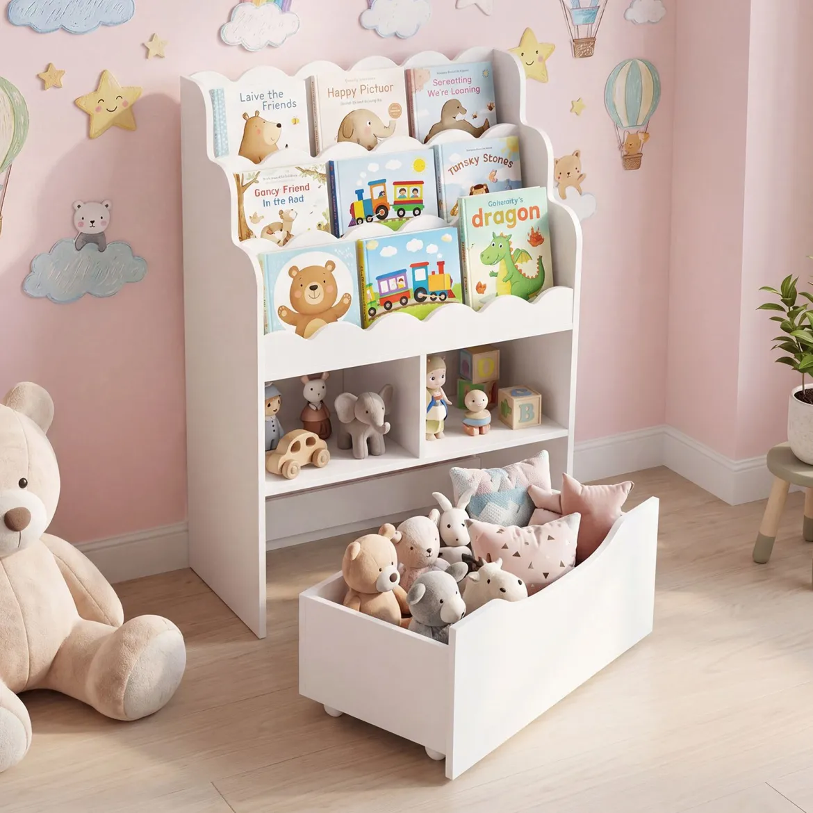 Kinderregal mit 5 Ebenen Bücherregal mit Schubladen auf Rollen 60 x 30 x 91 cm Weiß